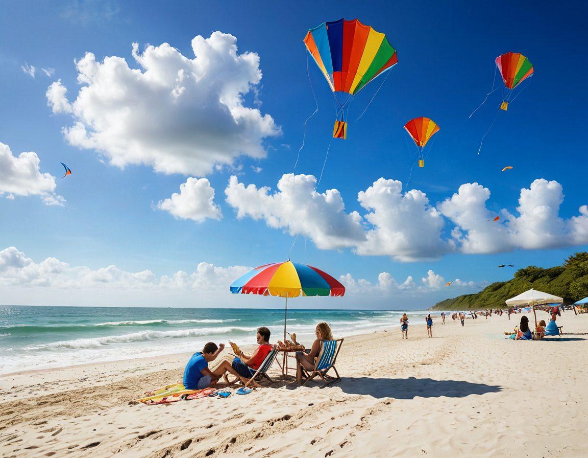 An outdoor scene showcasing vibrant kites soaring in a clear blue sky, with passionate kite enthusiasts operating them on a sunlit beach. Include elements like a beach umbrella, picnic basket, and nearby surfboards to emphasize leisure. Overlay subtle symbols of insurance, like a shield or checkmark, integrated into the clouds for a whimsical touch. super-realistic. vibrant colors. dynamic composition.